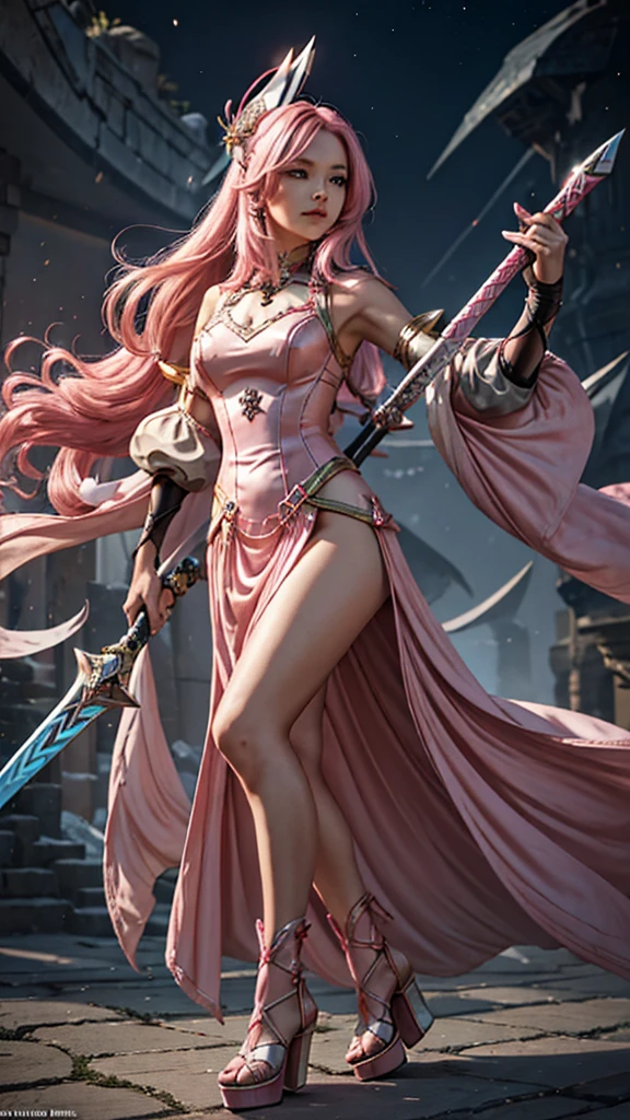 First place girl,Long flowing pink hair,head ornaments,Mid-chest,Pink lace dress,Chest gem,Steel armor gloves,steel high heels,.best quality,masterpiece,Ultra-high resolution（2：0）,shuriken,The steel sword is long and sharp,The sword has magic runes attached to it,