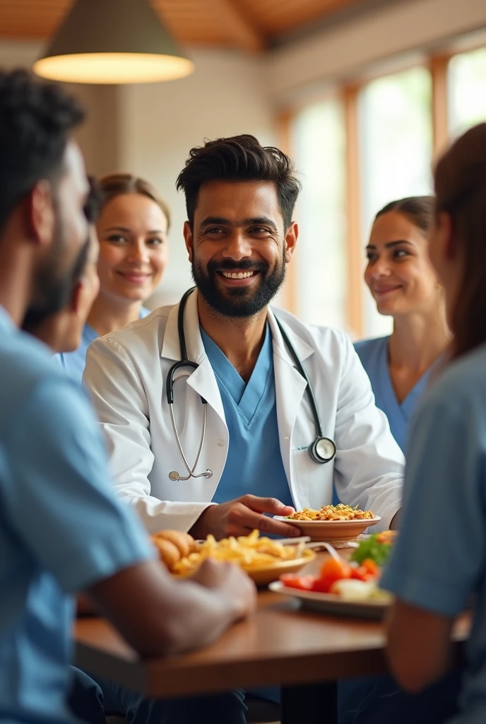 30 years Indian male doctor is eating lunch with the male nurses, female nurses. He is in centre to the table, all are satisfied around to him. They all are smiling. His back side should only displayed. He has light thin beard, good hair style.