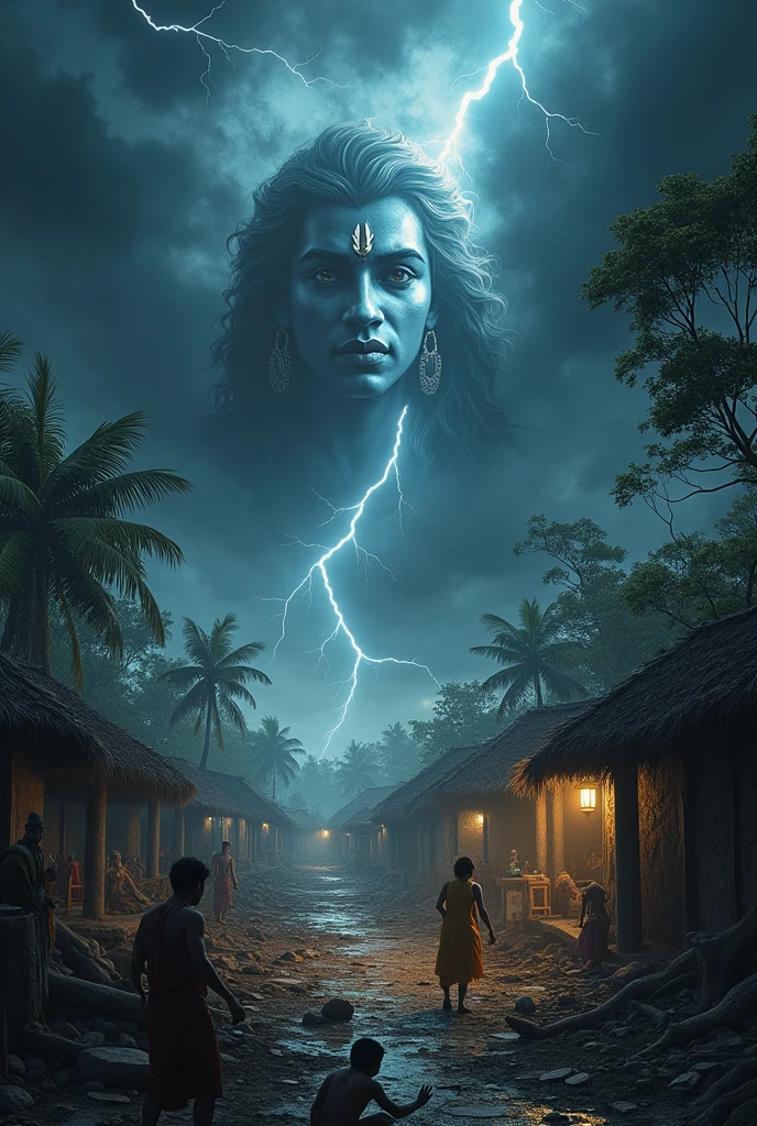 The sky is dark and thunder-storm and lighting. Villagers are too much scary. Nature is destroying on that village. God Shri Krishna revive villagers and nature . High quality clear image.png