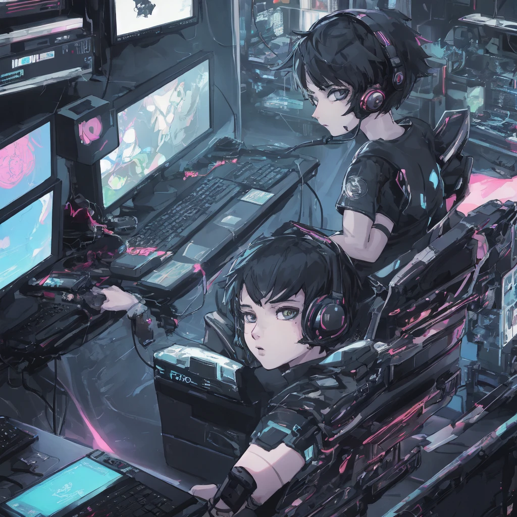 cyber punk, short hair, Digital Punk, Anime Style 4k, Short sleeve gaming wear, Black Hair, Computer Lab, Over-the-head gaming headset、one person&#39;s