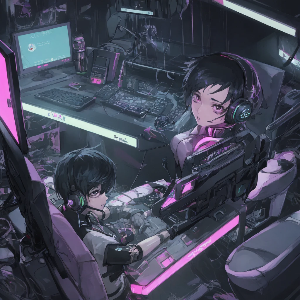 cyber punk, short hair, Digital Punk, Anime Style 4k, Short sleeve gaming wear, Black Hair, Computer Lab, Over-the-head gaming headset、one person&#39;s