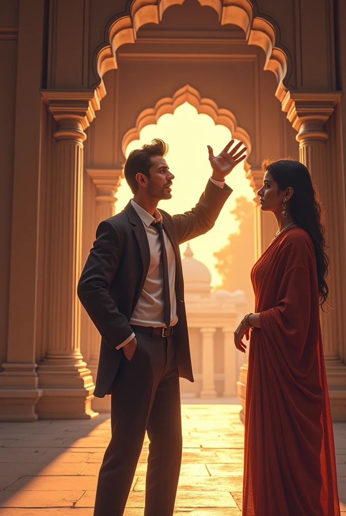 "Depict Veer a businessman with a look of growing frustration and anger. His eyebrows are furrowed,. He is gesturing with one hand, possibly pointing towards the exit, as he argues about the importance of his work and his disbelief in the rituals. The background shows the serene temple contrasting with Veer's modern, pragmatic world view and his wife standing beside him with worry expression