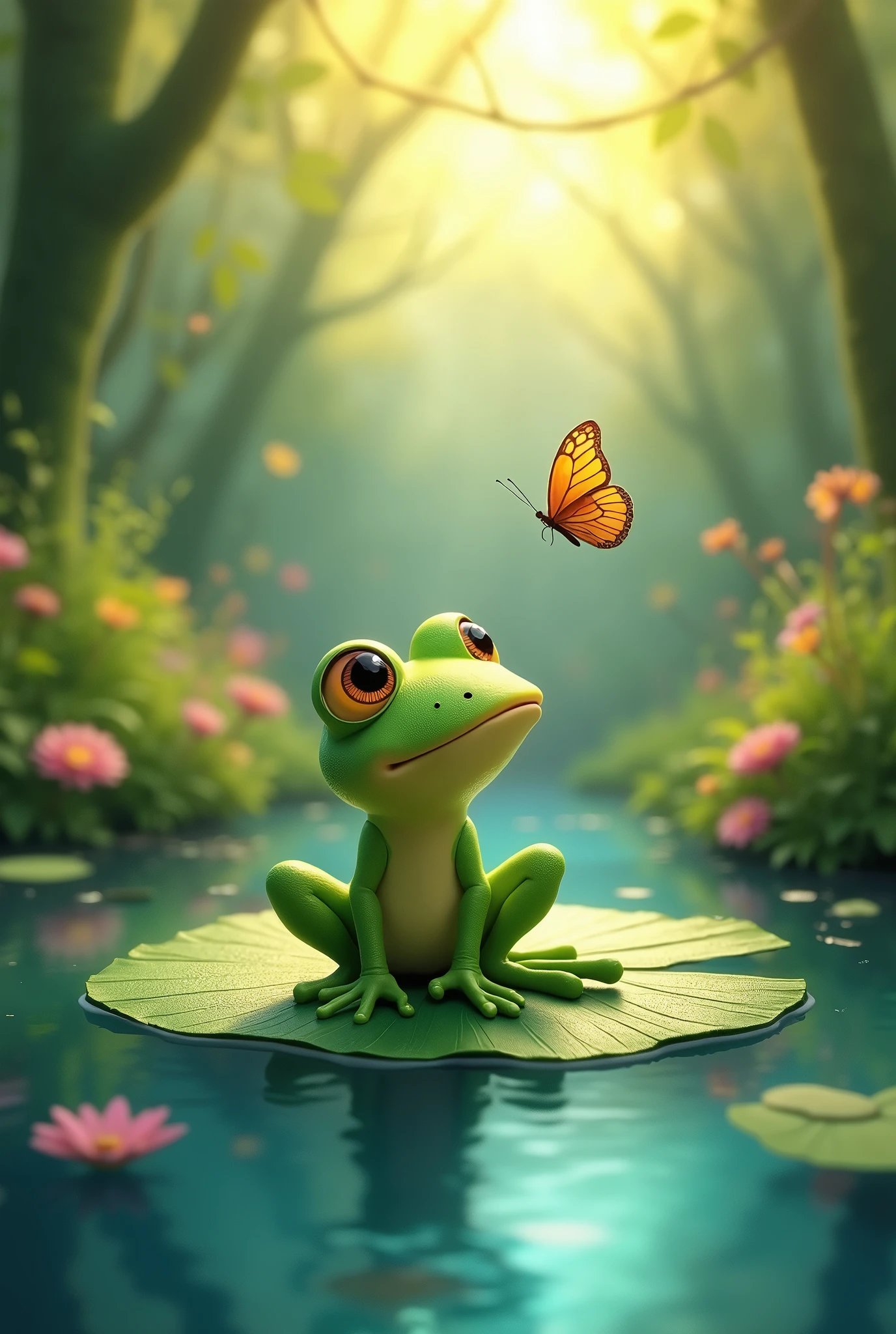 A small, bright green frog with big, expressive eyes sits on a large lily pad in the middle of a calm, blue pond. The background is a dense, vibrant green forest with colorful flowers and sunlight filtering through the trees. The frog is looking up at a butterfly flying overhead.