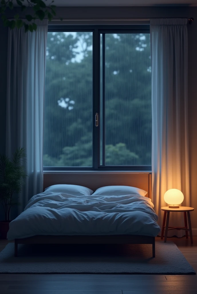 A normal bed in night with raining 