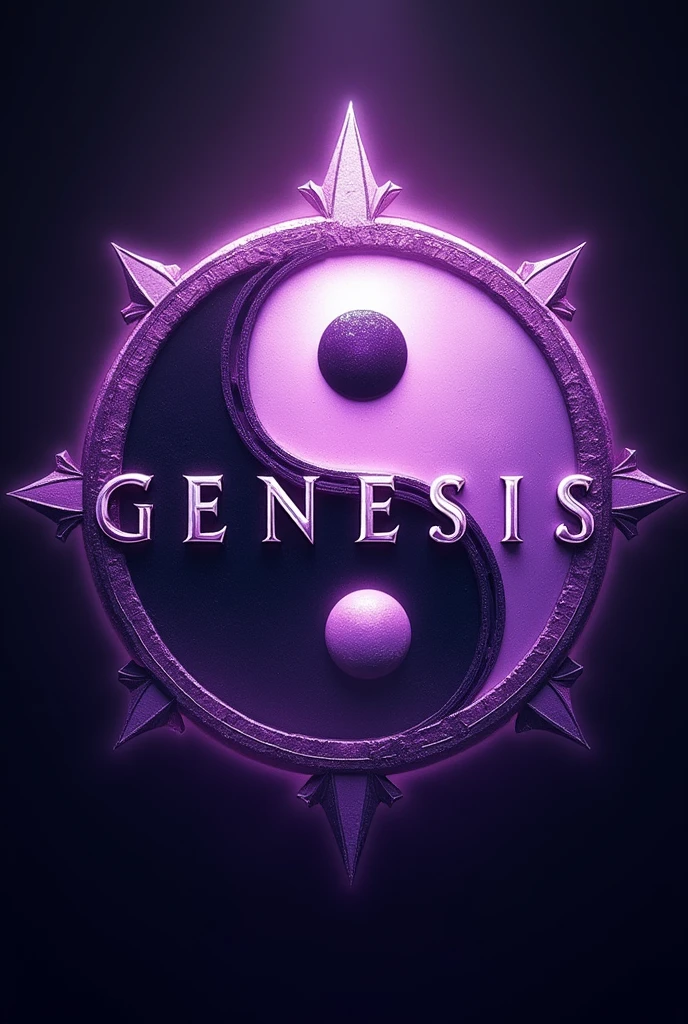Logotype, movie tittle, said "genesis no armageddon", is a fantasy action adventure logo, violet, ying-yang behind the title