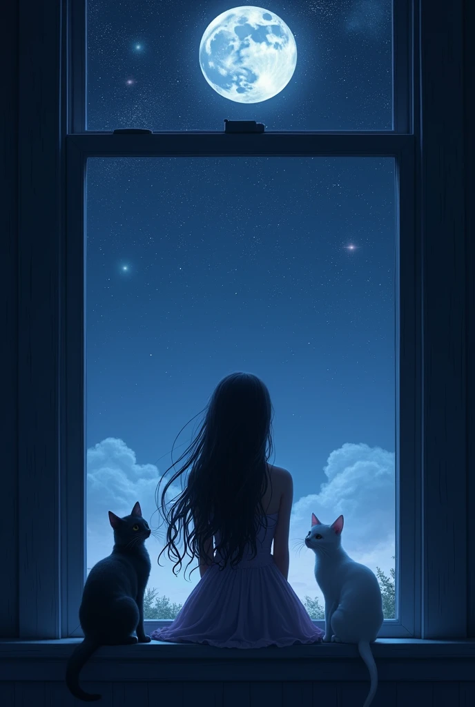 A night scene where a long hair girl sitting on the window side with a grey cat and a white cat and looking on the sky where is full of stars and a moon