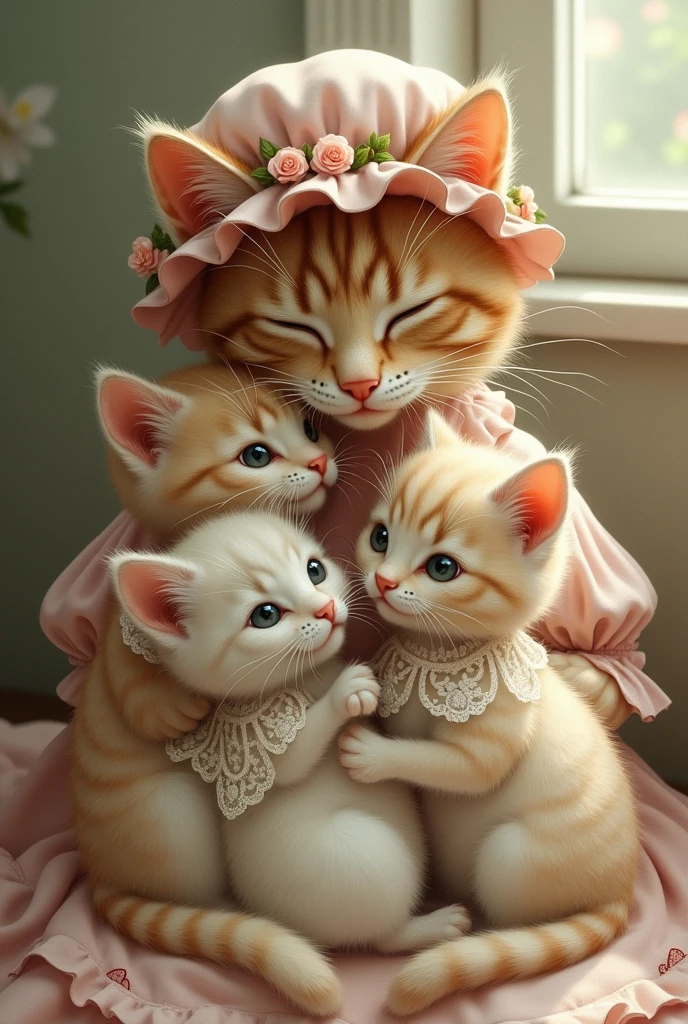 Mother cat with three kittens in a chintz lace dress and a cap decorated with flowers and ribbons in retro style