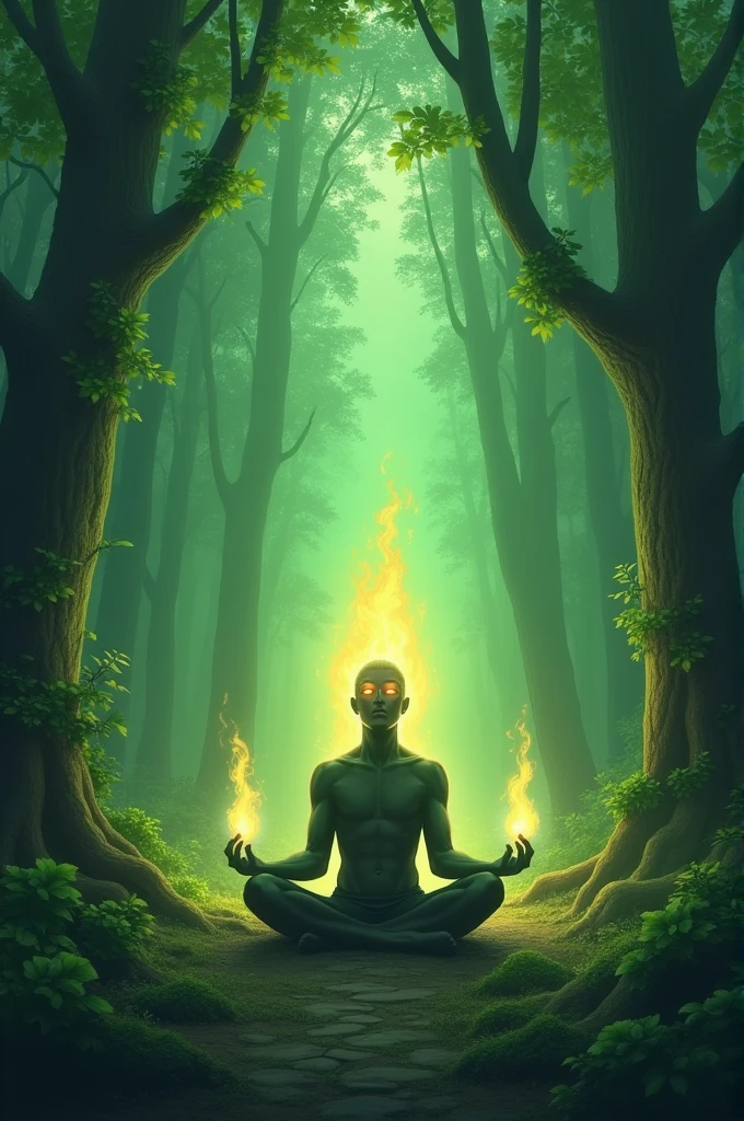 The image of a forest being meditating in a forest bathed in green light , leafy, with flames in his eyes 