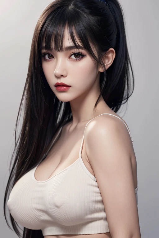 (ultra realistic,32k, masterpiece:1.2),(high detailed skin:1.1),( 8k uhd, dslr, high quality:1.1),
 1girl, black hair, bangs andy ponytail, pantyhose, Ribbed Skirt, ribbed crop top, , (red lips:0.8), (mascara:1.1),huge breast,
(looking at viewer, portrait:1.1),
,(tenebrism:1.1),blank background