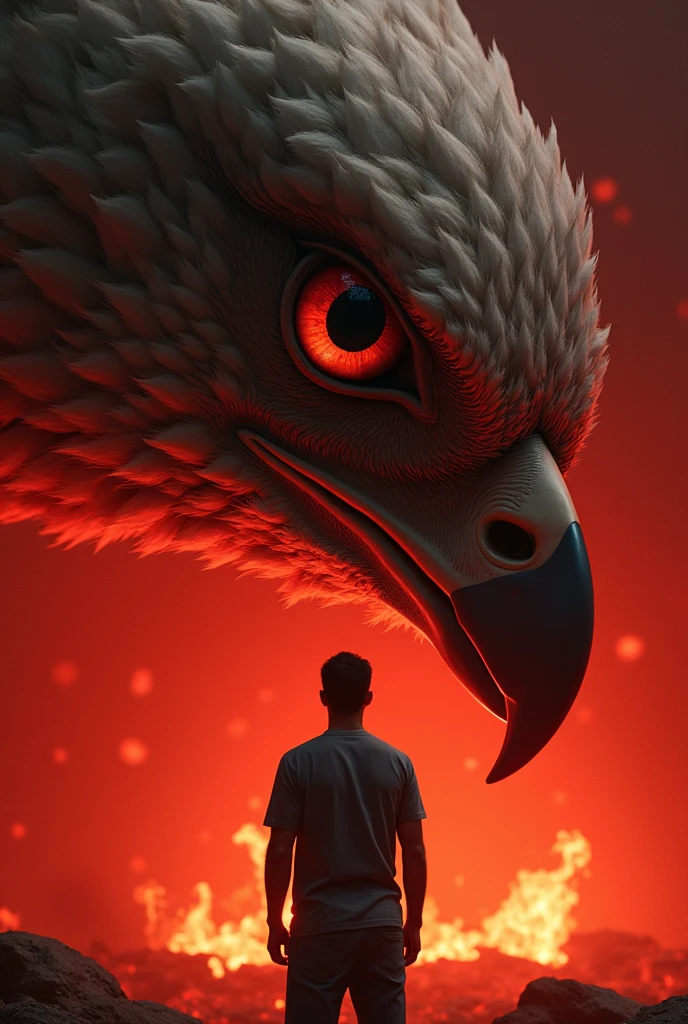 a giant bird eye the size of a human staring closely at a man, over the shoulder shot, very hot, bright red lighting