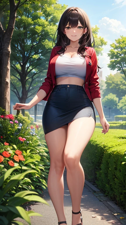 (masterpiece, best quality, glowing light, ultra detailed, detailed background, complex background), (perfect face, detailed face), (mature female, milf:1.4), full-face blush, thighs, parted lips, smile, thick thighs, half-closed eyes, marnie, 1girl, asymmetrical bangs, solo, twintails, looking at viewer, ribbon, hair ribbon, choker, jewelry, red ribbon, earrings, black choker, high heels, jacket, black jacket, pink thong, medium hair, long sleeves, open jacket, green eyes, fullbody (outdoors, garden, thighs, arms behind back)