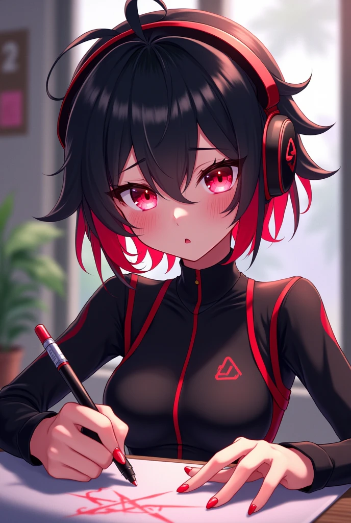 Light skin anime girl, crimson red eyes, short messy black and red hair, black and red gaming headsets, small-breasted, with black and red jumpsuit, that he is drawing the compadretes