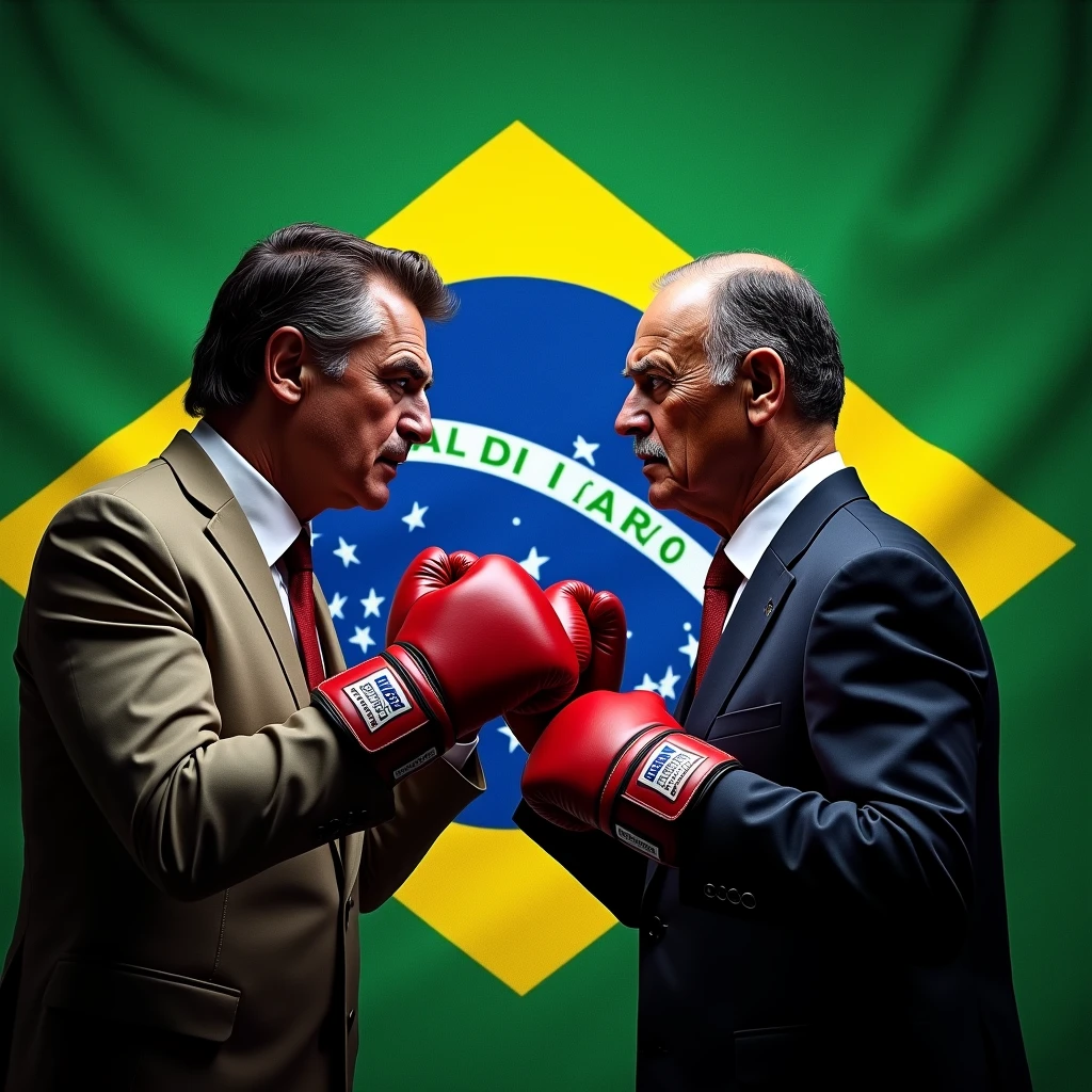 Jair Bolsonaro and Luis Inacio Lula da Silva,facing each other in a fighting stance with boxing gloves,and in the background the Brazilian flag,Written: (Disorder and regression) ultra realistic well detailed masterpiece intricate photorealistic 16k perfect composition 