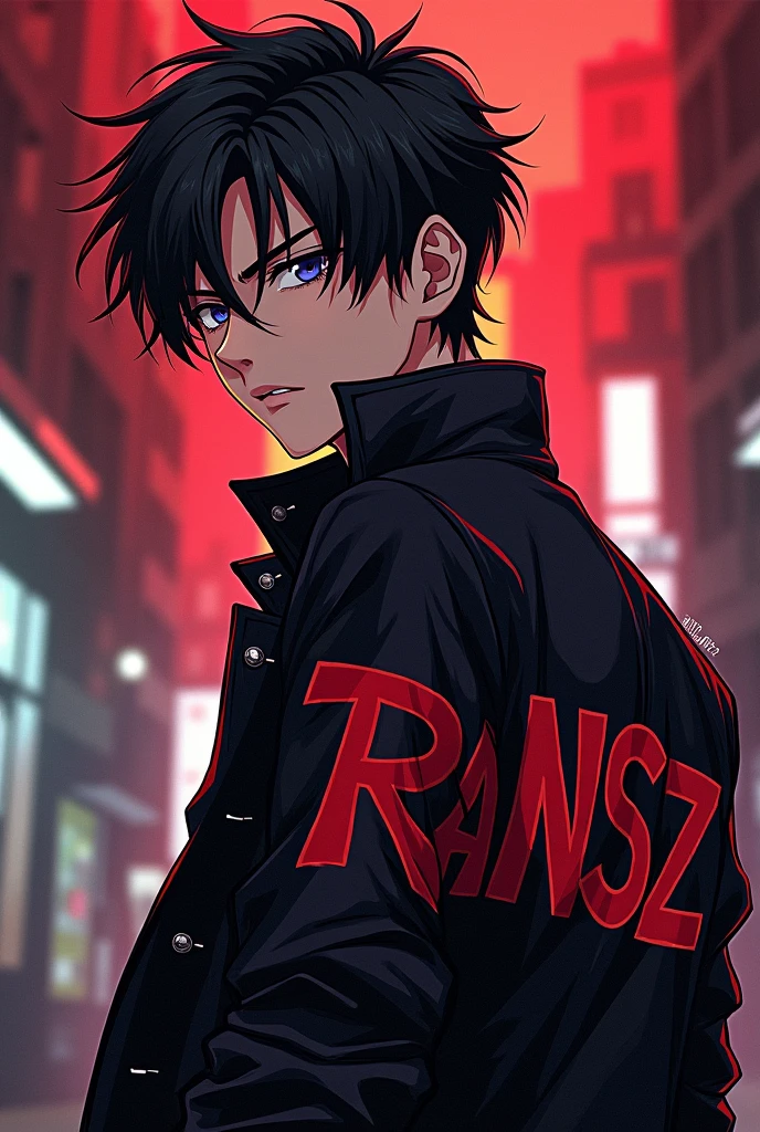 Anime young mafia boss wearing a jacket with ransz written on it