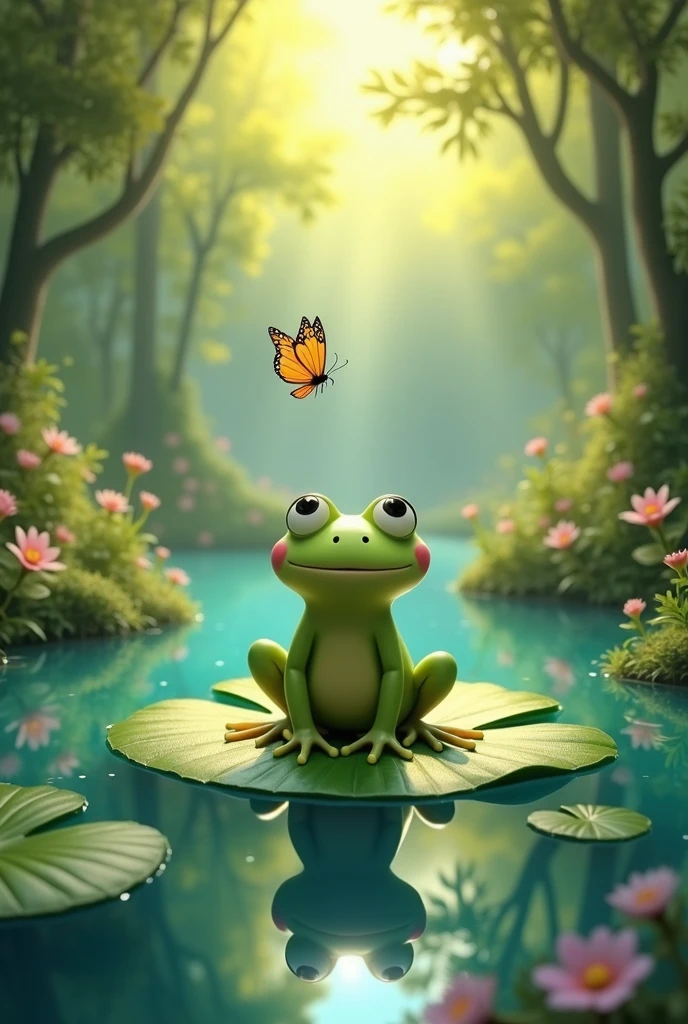A small, bright green frog with big, expressive eyes sits on a large lily pad in the middle of a calm, blue pond. The background is a dense, vibrant green forest with colorful flowers and sunlight filtering through the trees. The frog is looking up at a butterfly flying overhead.