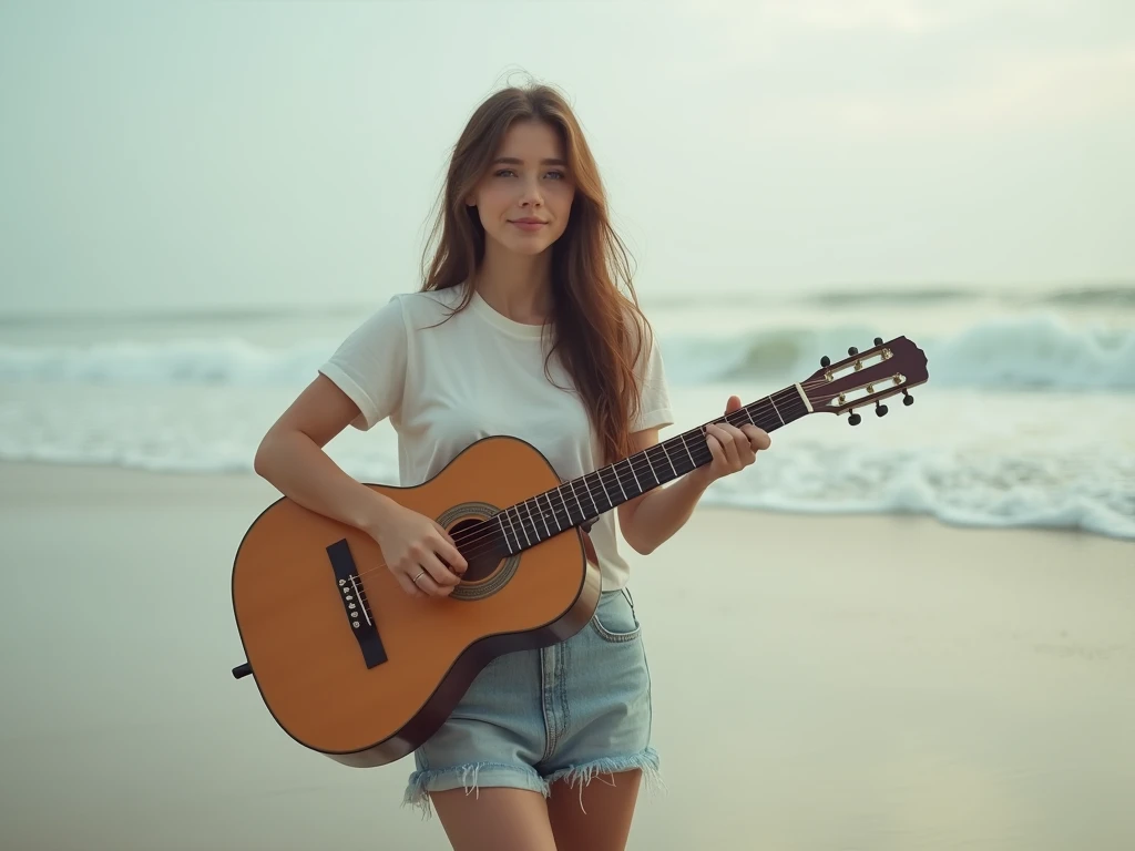 fot, taken from a distance that shows the entire body, She is very young, plein-air, em uma praia, short mini skirt and t-shirt, medium hips, Caucasian skin, sad for a lost love, long brown hair, a softened wry smile - contained excitement, Soft lighting on your face, realistic skin-clothes-hair textures, sky blue eyes carpeted mist, beautiful real textures and delicate aesthetics, full body view, playing guitar, notable for natural feminine beauty, noise, 8 k quality, FOTO RAW, by professional photographer, rule of thirds, Extremely Detailed