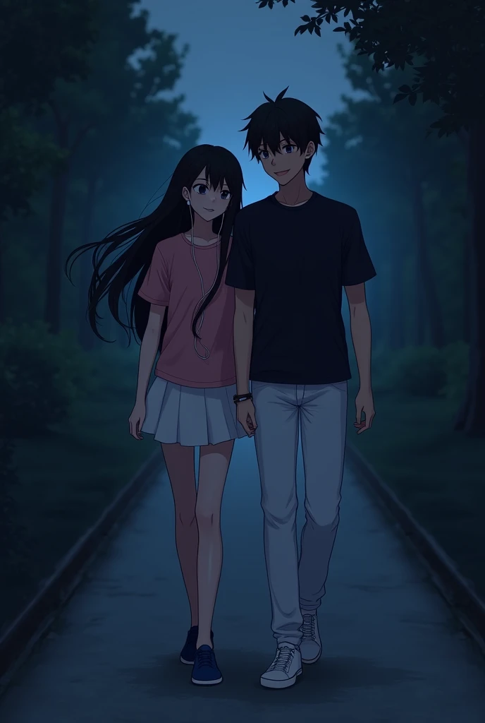 girl has black long hair and is pretty.she is wearing a pink top,a white skirt and blue shoes.he has black hair.He wears white shoes,white pants and a black shirt. The two walk side by side in a dark wakd. She listens to music and tells him what she thinks with a serious look, he smiles at her lovingly from the side