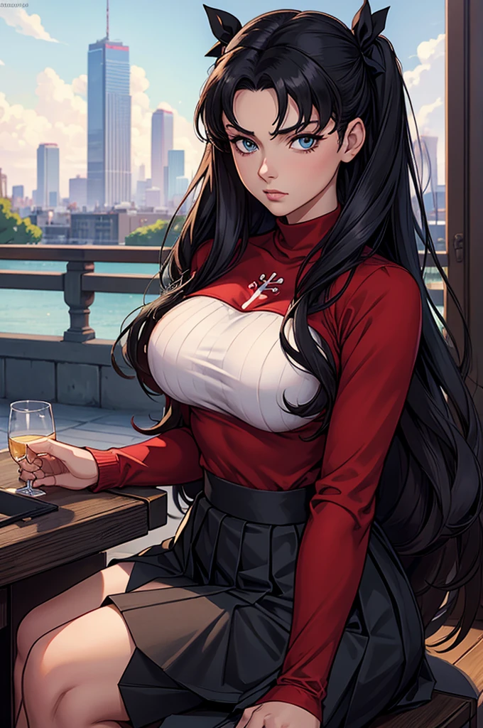 (work of art), best qualityer, expressive eyes, face perfect, 1 girl, standing alone, Rintohsaka, Rin Tohsaka, water eyes, Bblack hair, hair cinta, long hair, cinta, side locks, two sides up, black overskirt, black thicc thighs, long sleeves, minioverskirt, pleated overskirt, ((red sweater)), overskirt, sweater, thicc thighs, high collar, city background, sitting down, character sheet, trunk, portraite, looking ahead at viewer