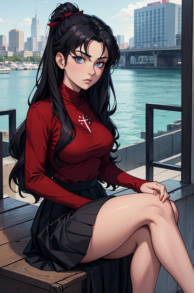 (work of art), best qualityer, expressive eyes, face perfect, 1 girl, standing alone, Rintohsaka, Rin Tohsaka, water eyes, Bblack hair, hair cinta, long hair, cinta, side locks, two sides up, black overskirt, black thicc thighs, long sleeves, minioverskirt, pleated overskirt, ((red sweater)), overskirt, sweater, thicc thighs, high collar, city background, sitting down, character sheet, trunk, portraite, looking ahead at viewer