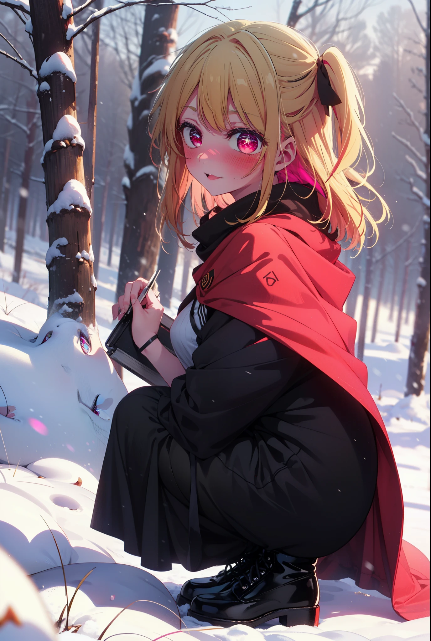 rubyhoshino, Hoshino Ruby, Long Hair, bangs, blonde, (Pink Eyes:1.3), Side Lock, (Symbol-shaped pupil:1.5), Multicolored Hair, Two-tone hair, smile,,smile,blush,white breath,
Open your mouth,snow,Ground bonfire, Outdoor, boots, snowing, From the side, wood, suitcase, Cape, Blurred, , forest, White handbag, nature,  Squat, Mouth closed, Cape, winter, Written boundary depth, Black shoes, red Cape break looking at viewer, Upper Body, whole body, break Outdoor, forest, nature, break (masterpiece:1.2), Highest quality, High resolution, unity 8k wallpaper, (shape:0.8), (Beautiful and beautiful eyes:1.6), Highly detailed face, Perfect lighting, Highly detailed CG, (Perfect hands, Perfect Anatomy),