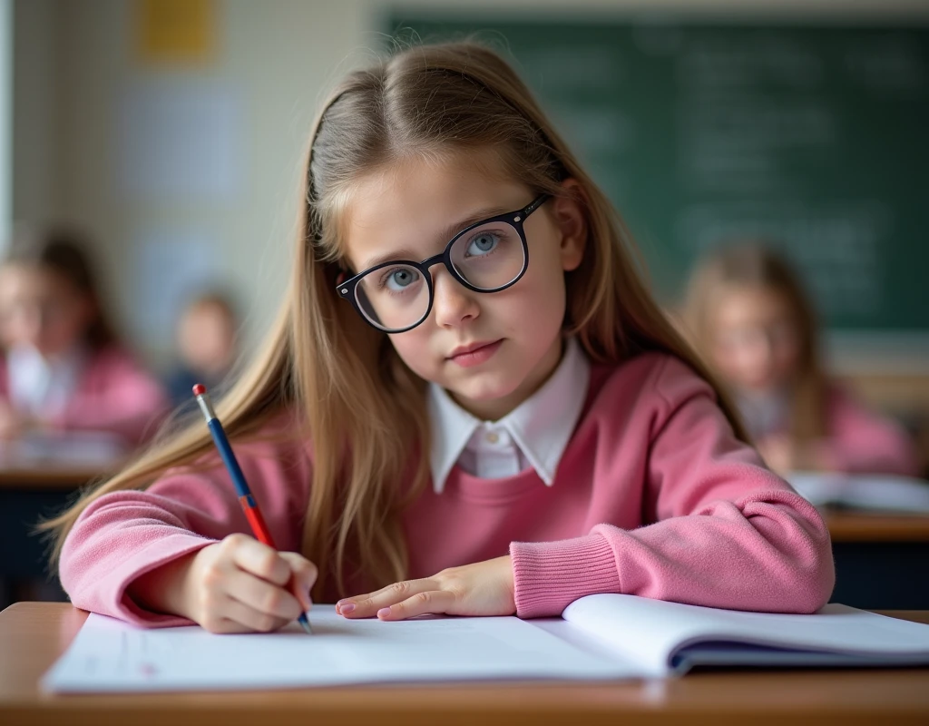 Developing cultural and intellectual skills, education according to the curricula prescribed for students ,  receiving information in the classroom, a close-up picture of a swedish  student with glases wearing a  pink uniform  sitting on a school desk, performing school assignments