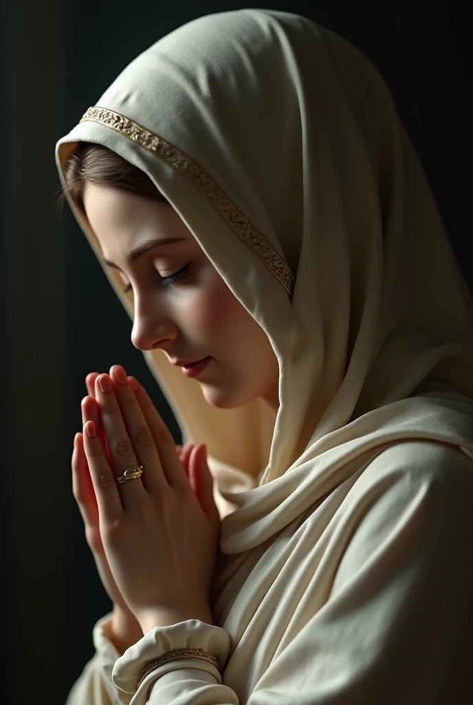 St mary, 4k image with side view, eyes open, praying, in dark background