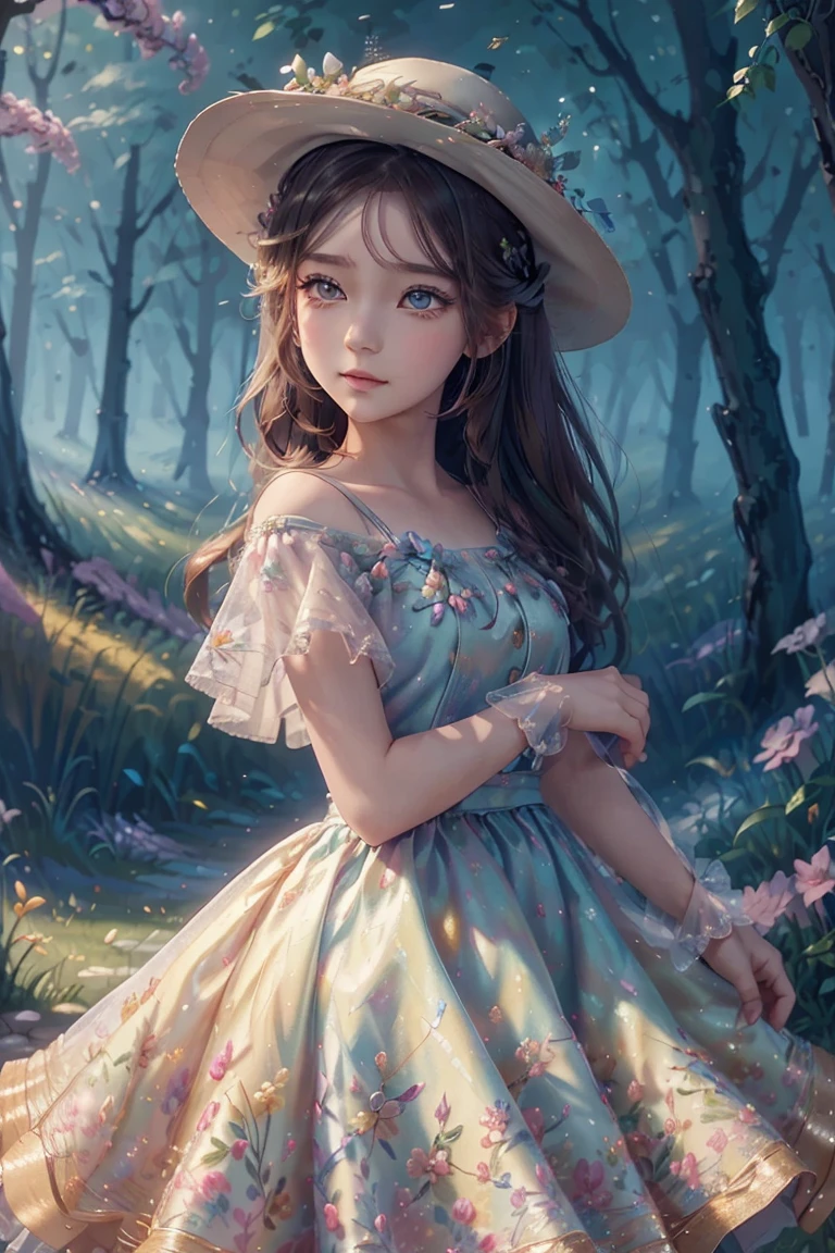 an animated character near trees with here cat. warm tone color , greek mythology classy clothing ,flowers dress pattern , hat, flowers vine, wise colorful eyes, The background is fantsy sky, flowers, shining star, Happy face feeling mood and tone.