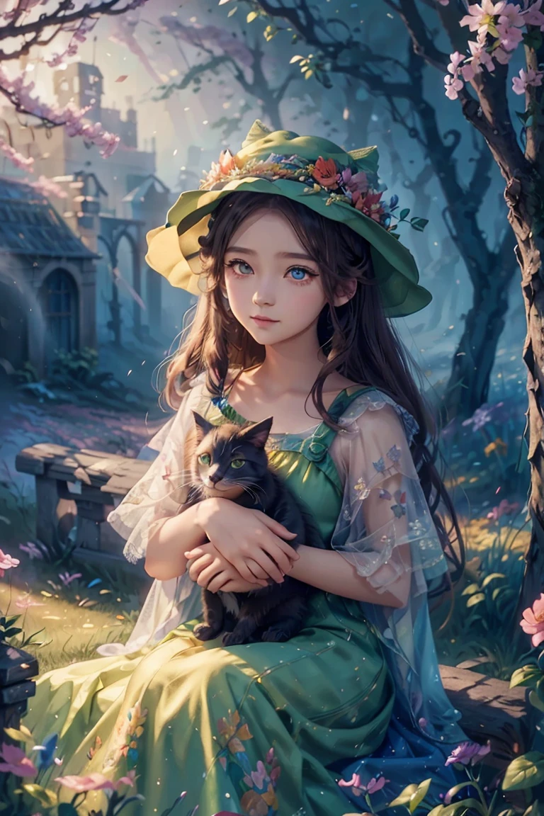 an animated character near trees with here cat. warm tone color , greek mythology classy clothing ,flowers dress pattern , hat, flowers vine, wise colorful eyes, The background is fantsy sky, flowers, shining star, Happy face feeling mood and tone.