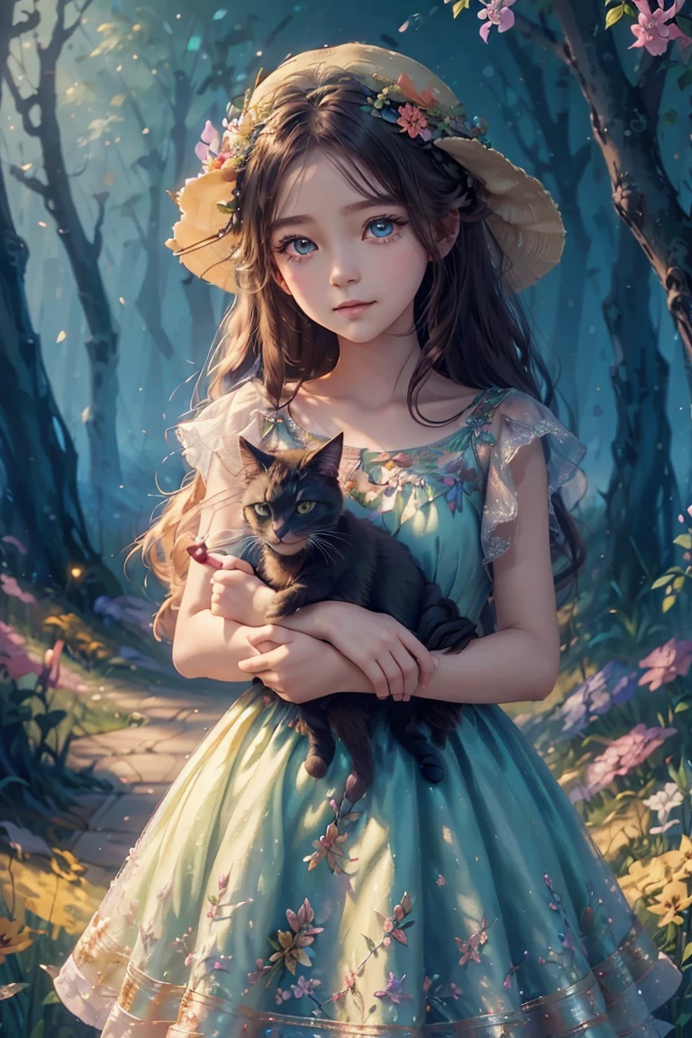 an animated character near trees with here cat. warm tone color , greek mythology classy clothing ,flowers dress pattern , hat, flowers vine, wise colorful eyes, The background is fantsy sky, flowers, shining star, Happy face feeling mood and tone.