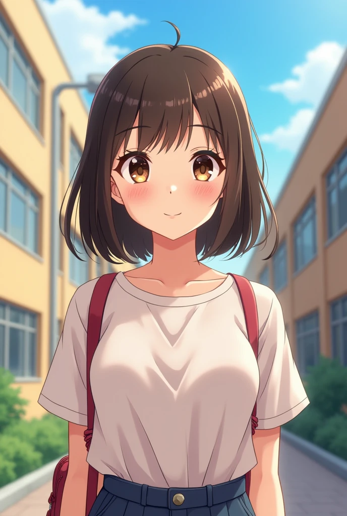 warm beige color round face and light brown almond eyes high bridge nose and cute black mole in under the Left eye and pink lips and dark brown hair without bangs anime girl with smiley face and standing front of high school 