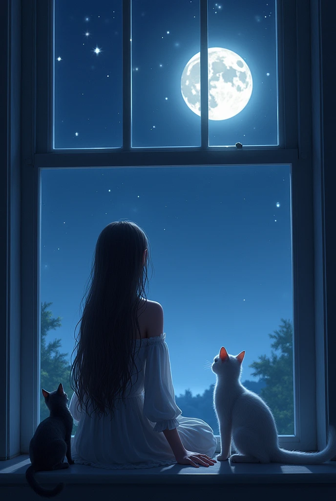 A night scene where a long hair girl sitting on the window side with a grey cat and a white cat and looking on the sky where is full of stars and a moon