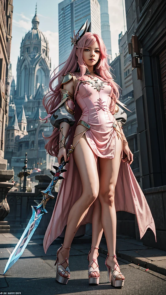 First place girl,Long flowing pink hair,head ornaments,Mid-chest,Pink lace dress,Chest gem,Steel armor gloves,steel high heels,.best quality,masterpiece,Ultra-high resolution(2:0),shuriken,The steel sword is long and sharp,The sword has magic runes attached to it,