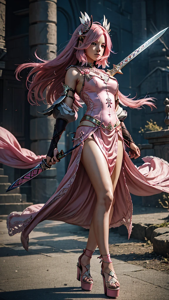 First place girl,Long flowing pink hair,head ornaments,Mid-chest,Pink lace dress,Chest gem,Steel armor gloves,steel high heels,.best quality,masterpiece,Ultra-high resolution（2：0）,shuriken,The steel sword is long and sharp,The sword has magic runes attached to it,