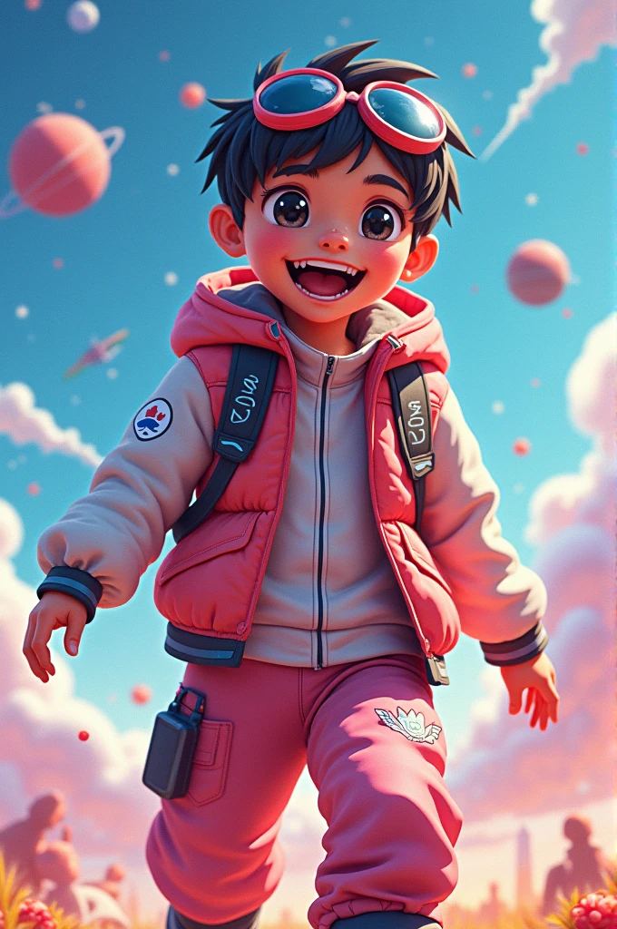 Maknae: The New Frontier
Wardrobe: A youthful, adventurous look with a mix of bright colors and space-themed accessories. The outfit includes a high-tech vest and sporty pants.
Pose and Expression: Dynamic and playful, in an action pose with a wide, enthusiastic smile. The expression conveys excitement and the thrill of exploring new frontiers.
Setting: A vibrant, animated background with playful cosmic elements, symbolizing youthful energy and limitless exploration.