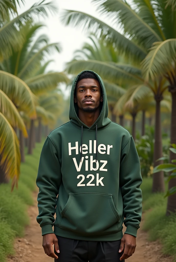 A young man wearing a hoody standing in the coconut
 plantation with the name HELLER VIBZ 22K 
on the shirt 