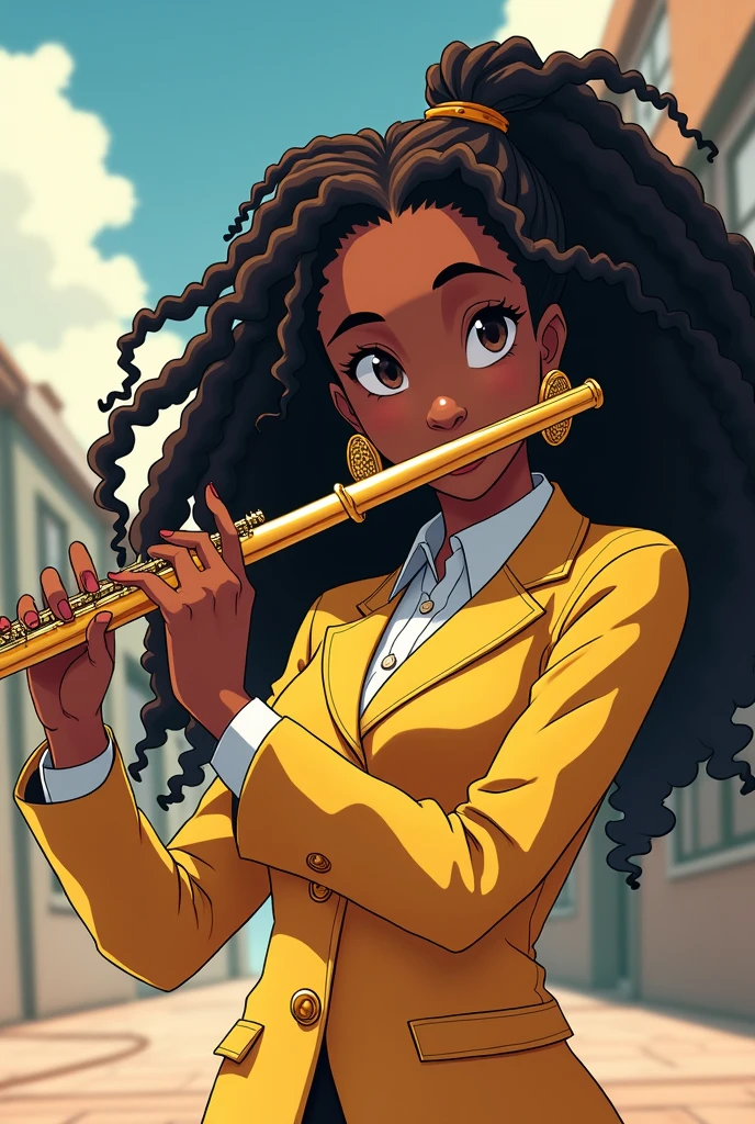 Black anime girl with locs and wearing a gold high school uniform with earrings using body gestures playing the flute anime style