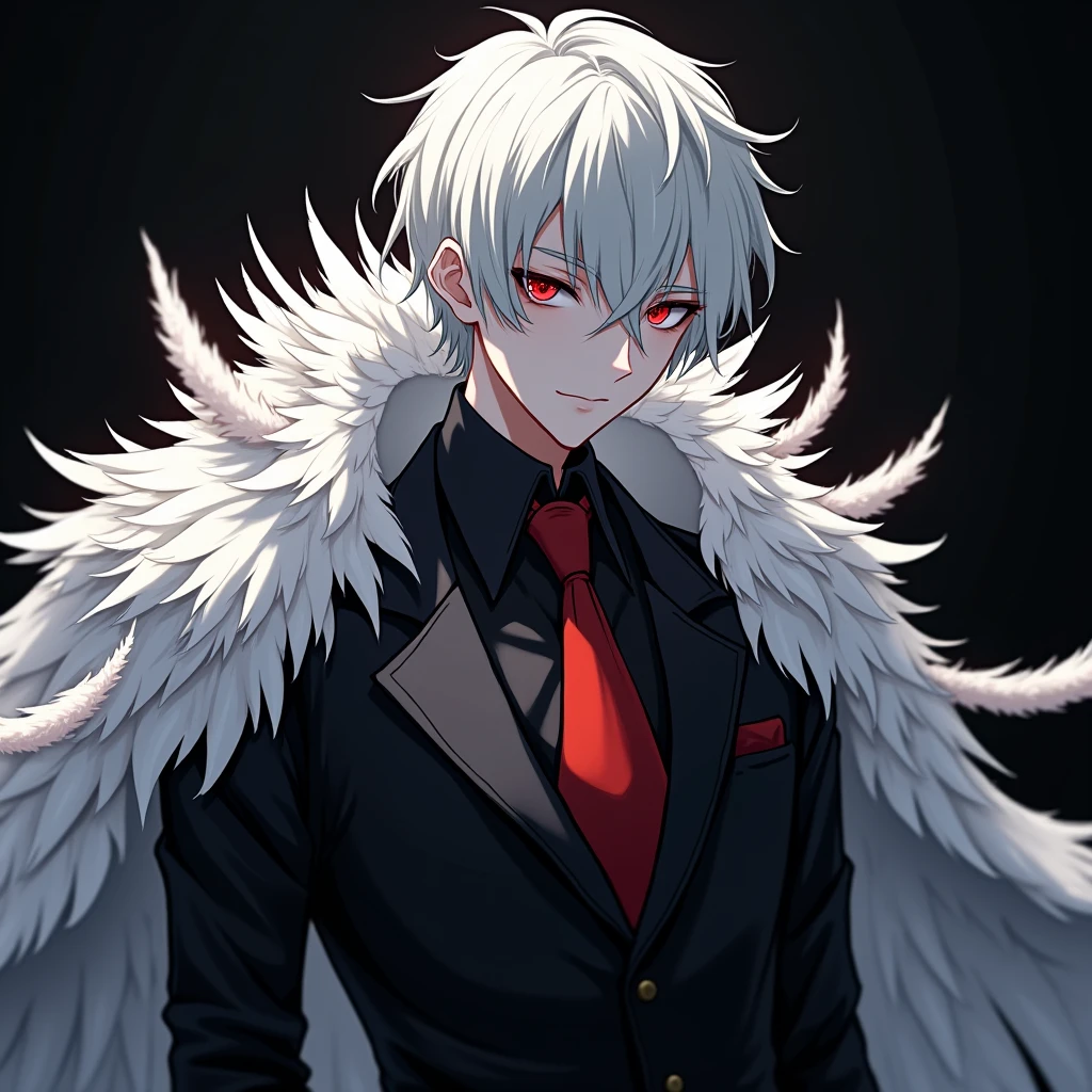Generates an image of a albino male Demi-human in a black suit and red tie with slit pupils, His suit has some white feathers in the shape of a coat, where owl claws can be seen, anime style, detailed, masterpiece, NFT, 8K