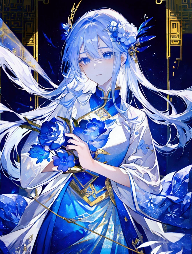 Highest quality、Very delicate、Long Hair、Fantasy、beautiful、ephemeral、Loose、cute、hope、Dynamic Cloud、Silver Marble Skin、uniform、night、Golden light