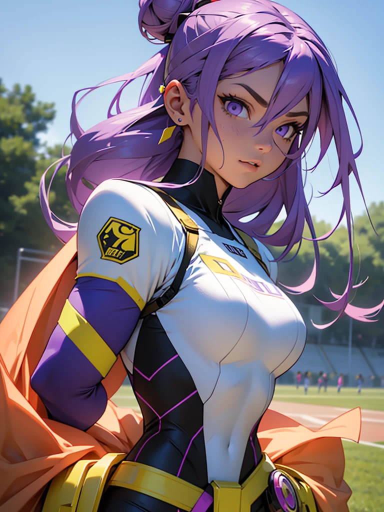Hero Academy. Hero training field. Girl in superhero costume. Tight futuristic costume.Long purple hair gathered in a bun at the back of the head. gold hairpins in the hair. The girl's gaze is calm and reasonable. Superhero costume in purple, white, and black colors. Heroes are training on the training field. Full-length. High detail, attention to detail, high Image quality 4K