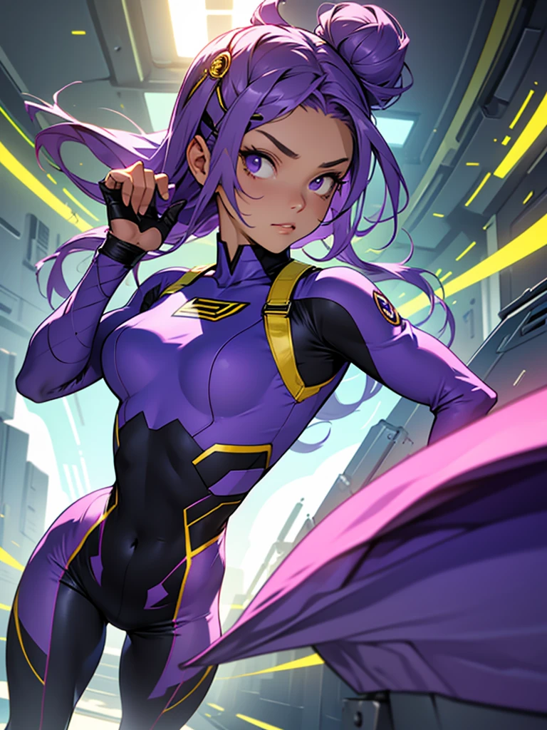 Hero Academy. Hero training field. Girl in superhero costume. Tight futuristic costume.Long purple hair gathered in a bun at the back of the head. gold hairpins in the hair. The girl's gaze is calm and reasonable. Superhero costume in purple, white, and black colors. Heroes are training on the training field. Full-length. High detail, attention to detail, high Image quality 4K
