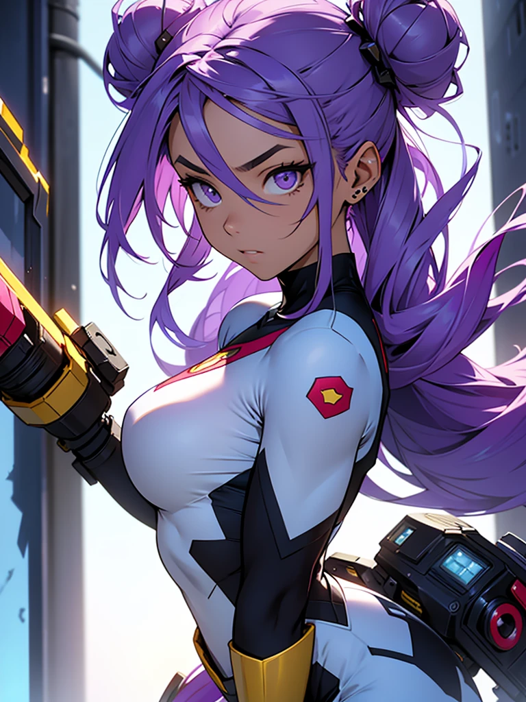 Hero Academy. Hero training field. Girl in superhero costume. Tight futuristic costume.Long purple hair gathered in a bun at the back of the head. gold hairpins in the hair. The girl's gaze is calm and reasonable. Superhero costume in purple, white, and black colors. Heroes are training on the training field. Full-length. High detail, attention to detail, high Image quality 4K