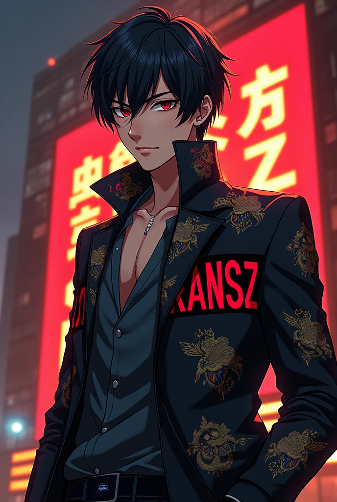 Anime young mafia boss wearing a jacket with ransz written on it