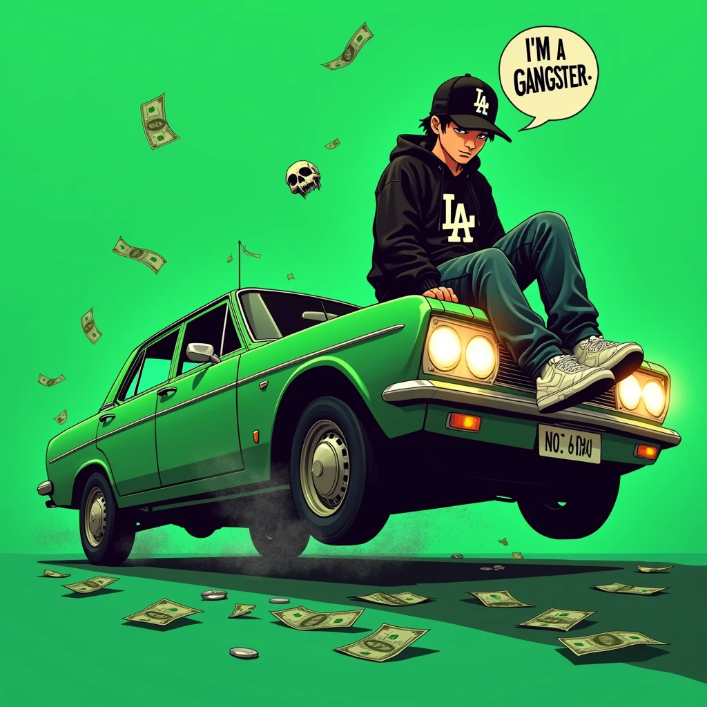 Image of a man sitting on the bonnet of a car, Yoshihiko Wada's album cover, winner of the behance contest, Doodle, official artwork, rap album cover, hip - hop album art cover, colored album art, hip hop music album cover, rap album cover art, official fanart, GTA Cover, hip hop album cover, album art cover, Cartoon character, oriental boy, Running car, Green background, green tea, Deep pressed black LA ball cap, white nike shoes, Black LA Hoodie, Baggy jeans worn down, black neighborhood, Skull, drug, The city seen from behind, korean, white smoke, Headlight light, Troublemakers, Bad boy, A lot of money flying around, Write I'm a gangster like a character speech bubble, mischievous expression