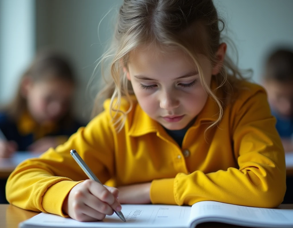 Developing cultural and intellectual skills, education according to the curricula prescribed for students ,  receiving information in the classroom, a close-up picture of a swedish  students  a  yellow  uniform  sitting on a school desk, performing school assignments