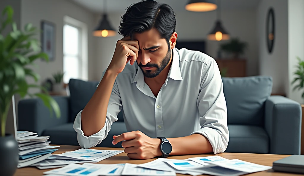 Illustrate Vijay sitting on a couch at home, holding his head in his hands, surrounded by bills and financial statements, depicting the beginning of his crisis.