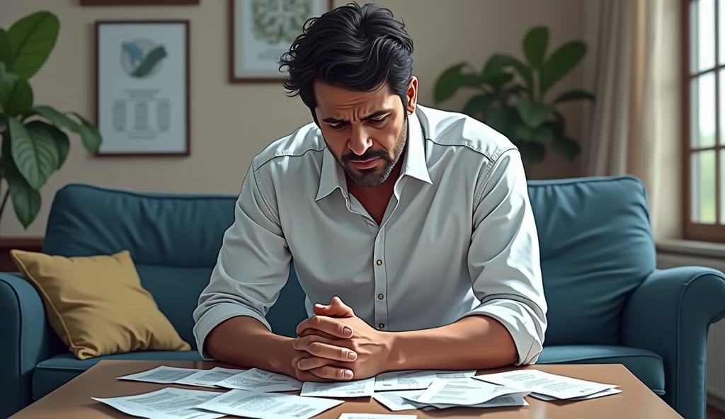 Illustrate Vijay sitting on a couch at home, holding his head in his hands, surrounded by bills and financial statements, depicting the beginning of his crisis.