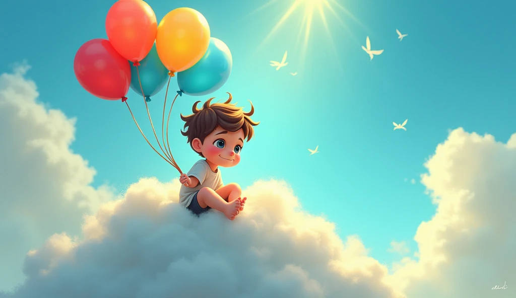 When max was sitting on cloud in the sky with balloons he realised it’s time to go home, looking worried]**  
