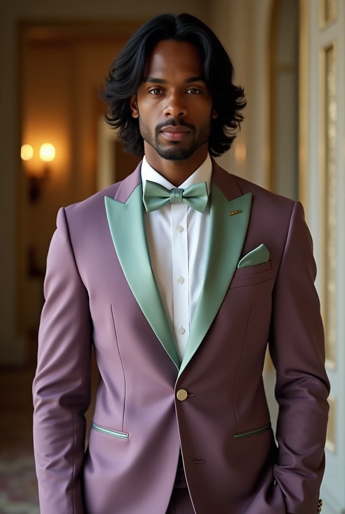 A dusty purple wedding suit with sage green accents on a Italian, black, white, and Phillipino man with shoulder leaght wavy balck hair