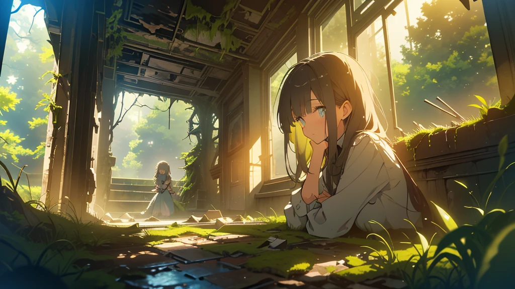 Puddles, crumbled wall, moss, grass, crumbled ceiling, sunlight through the crumbling gap, beautiful girl, fantastic, high quality, high quality, masterpiece, girl looking up at the sky, light creates fantastic effect, broken machine, broken glass cup, withered flower, tools after many years, camera angle shows scenery from far away.