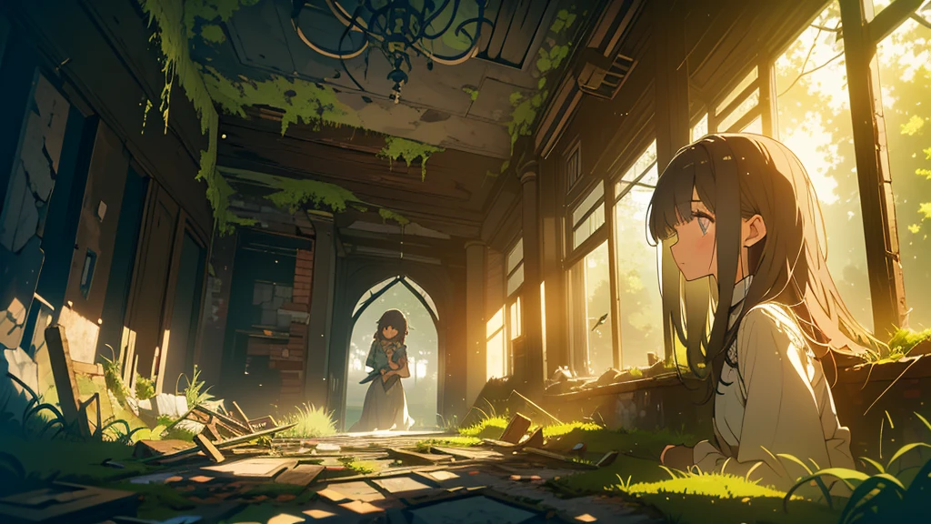 Puddles, crumbled wall, moss, grass, crumbled ceiling, sunlight through the crumbling gap, beautiful girl, fantastic, high quality, high quality, masterpiece, girl looking up at the sky, light creates fantastic effect, broken machine, broken glass cup, withered flower, tools after many years, camera angle shows scenery from far away.